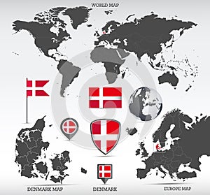 Denmark administrative divisions map and Denmark flags icon set