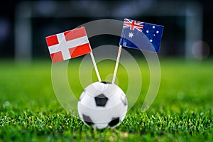 Denmark - Australia, Group C, Thursday, 21. June, Football, World Cup, Russia 2018, National Flags on green grass, white football