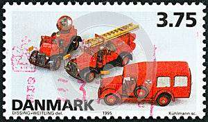 DENMARK - CIRCA 1995: A stamp printed in Denmark from the `Danish Toys ` issue shows TEKNO Model Vehicles, circa 1995.