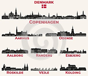 Denmark cities skylines silhouettes vector set