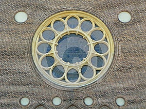 Denmark, Copenhagen, 4 Folke Bernadottes Alle, Swedish Gustaf\'s Church, stained glass window on the facade of the church