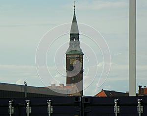 Denmark, Copenhagen, Christians Brygge, view of the clock tower of the Copenhagen City Hall