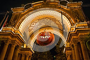 Denmark, Copenhagen: Entrance to the Tivoli park with decorations for the holiday - Halloween