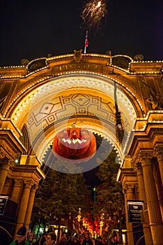 Denmark, Copenhagen: Entrance to the Tivoli park with decorations for the holiday - Halloween