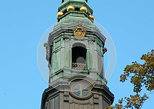 Denmark, Copenhagen, Sankt Peders Straede, Sankt Petri Kirke, church bell tower