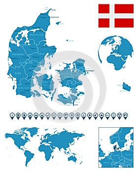 Denmark - detailed blue country map with cities, regions, location on world map and globe. Infographic icons