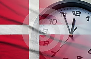 Denmark flag with dial of a clock