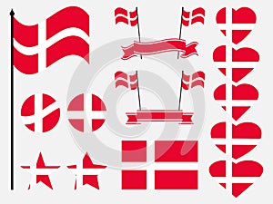 Denmark flag set. Collection of symbols, flag in heart. Vector