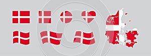 Denmark flag set and map. Silhouette and national emblems of a European country. Isolated vector