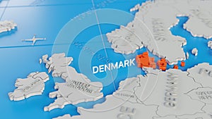 Denmark highlighted on a white simplified 3D world map. Digital 3D render