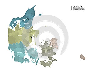 Denmark higt detailed map with subdivisions. Administrative map of Denmark with districts and cities name, colored by states and