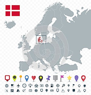 Denmark location on Europe Map. Transparent background