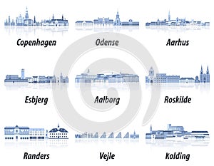 Denmark main cities cityscapes in tints of blue color palette. Crystal aesthetics style