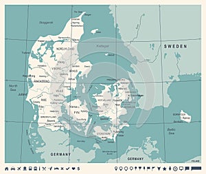 Denmark Map - Vintage Vector Illustration