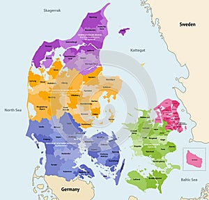 Denmark municipalities vector map colored by regions