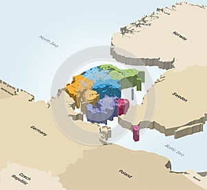 Denmark provinces isometric map colored by regions with largest cities on it. Neighbouring countries on background