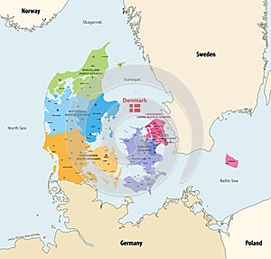 Denmark regions vector map with main cities and with neighbouring countries and territories