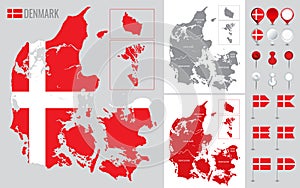 Denmark vector map with flag, globe and icons on white background