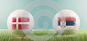 Denmark vs Serbia football match infographic template for Euro 2024 matchday scoreline announcement. Two soccer balls with country