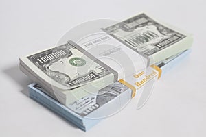 Denomination in one million and one hundred dollars bills with tape