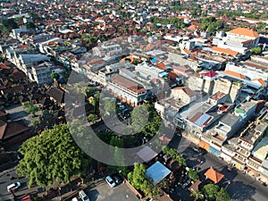 DENPASAR/BALI-MAY 14 2019: Aerial view of Badung traditional market Denpasar. It is a new building after it burned a couple years