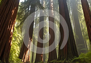 A dense and ancient redwood forest, with towering trees that seem to touch the sky.29.