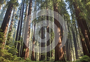 A dense and ancient redwood forest, with towering trees that seem to touch the sky.