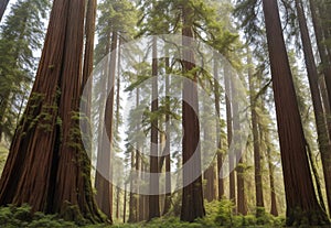 A dense and ancient redwood forest, with towering trees that seem to touch the sky.