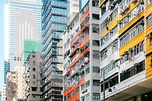 Dense Asian Residential High-Rise Architecture in Summers Day, Hong Kong