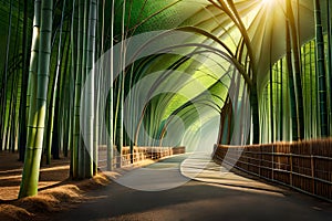 A dense bamboo forest with shafts of sunlight breaking through the canopy