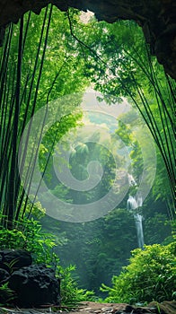 Dense bamboo grove forest with numerous trees, waterfall on background