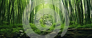 A dense bamboo grove, swaying rhythmically under the caress of a gentle breeze. photo