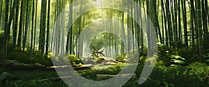 A dense bamboo grove, swaying rhythmically under the caress of a gentle breeze. photo