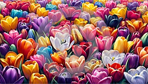 A dense and colorful array of tulips in full bloom.