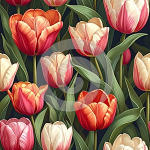 Dense Continuous Tulip Pattern with Lush Green Leaves