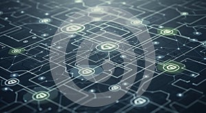 Deep focus on a complex digital network grid with glowing nodes and interconnected lines representing data flow