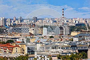 Dense development of the old district of Podil in Kyiv with residential and office buildings