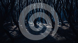 Dense, eerie forest with gnarled, twisting tree trunks photo