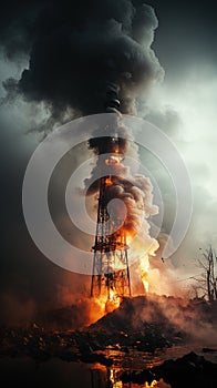 Dense Flame Explode On Tower With Dark Grey Liquid Smoke Abstract Background AI Generative