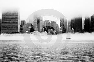 A dense fog covered New York City during the winter`s day on January of 2018