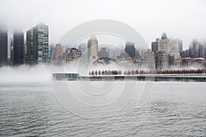 A dense fog covered New York City during the winter`s day on January of 2018.