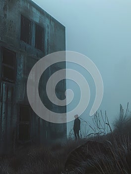 In the dense fog of early morning, a figure skulks near an abandoned building, their presence almost ghostlike