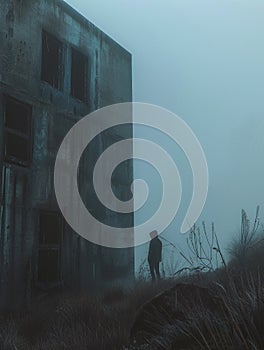 In the dense fog of early morning, a figure skulks near an abandoned building, their presence almost ghostlike photo