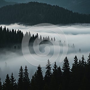 Dense fog engulfs a pine forest, creating a mystical atmosphere. The tops of the trees photo