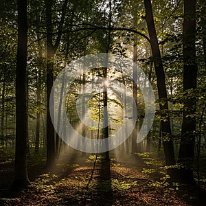 Through the dense forest canopy creating rays that illuminate the