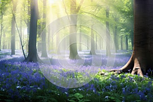 dense forest carpeted with bluebells