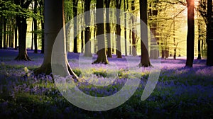 dense forest carpeted with bluebells