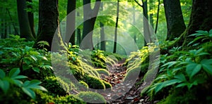 Dense forest floor covered in soft moss and ferns, foliage, forest floor