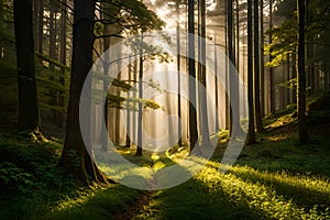 A dense forest with shafts of golden sunlight filtering through the canopy