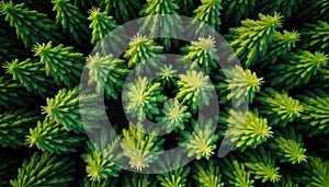 Dense green forest canopy seen from above. Aerial view of rich trees. Vibrant green foliage pattern. Nature background with photo